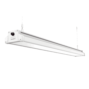 LED-Langfeldleuchte mit Aufhängung, 120 W – robuste, schmale Industrie-Leuchte in weiß.