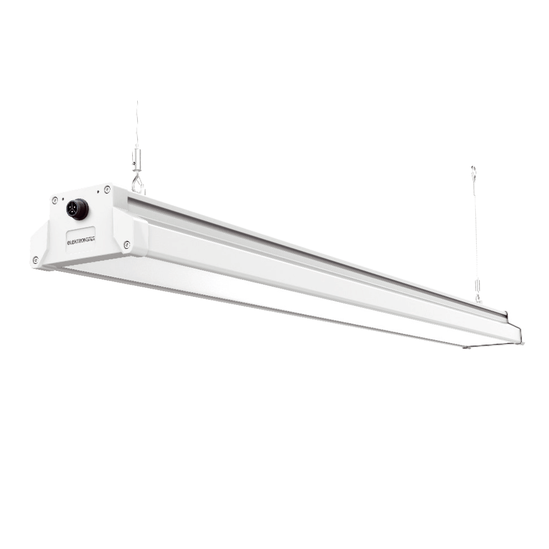 LED-Langfeldleuchte mit Aufhängung, 120 W – robuste, schmale Industrie-Leuchte in weiß.