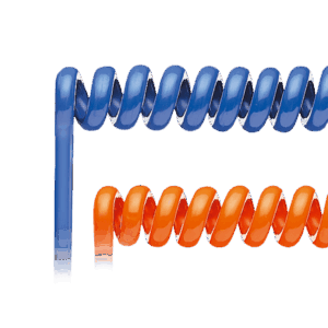 Zwei ELPUR® Spiralkabel aus Polyurethan in Blau und Orange mit integrierter Zugentlastung