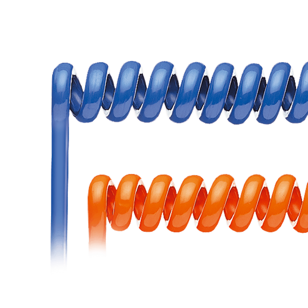 Zwei ELPUR® Spiralkabel aus Polyurethan in Blau und Orange mit integrierter Zugentlastung