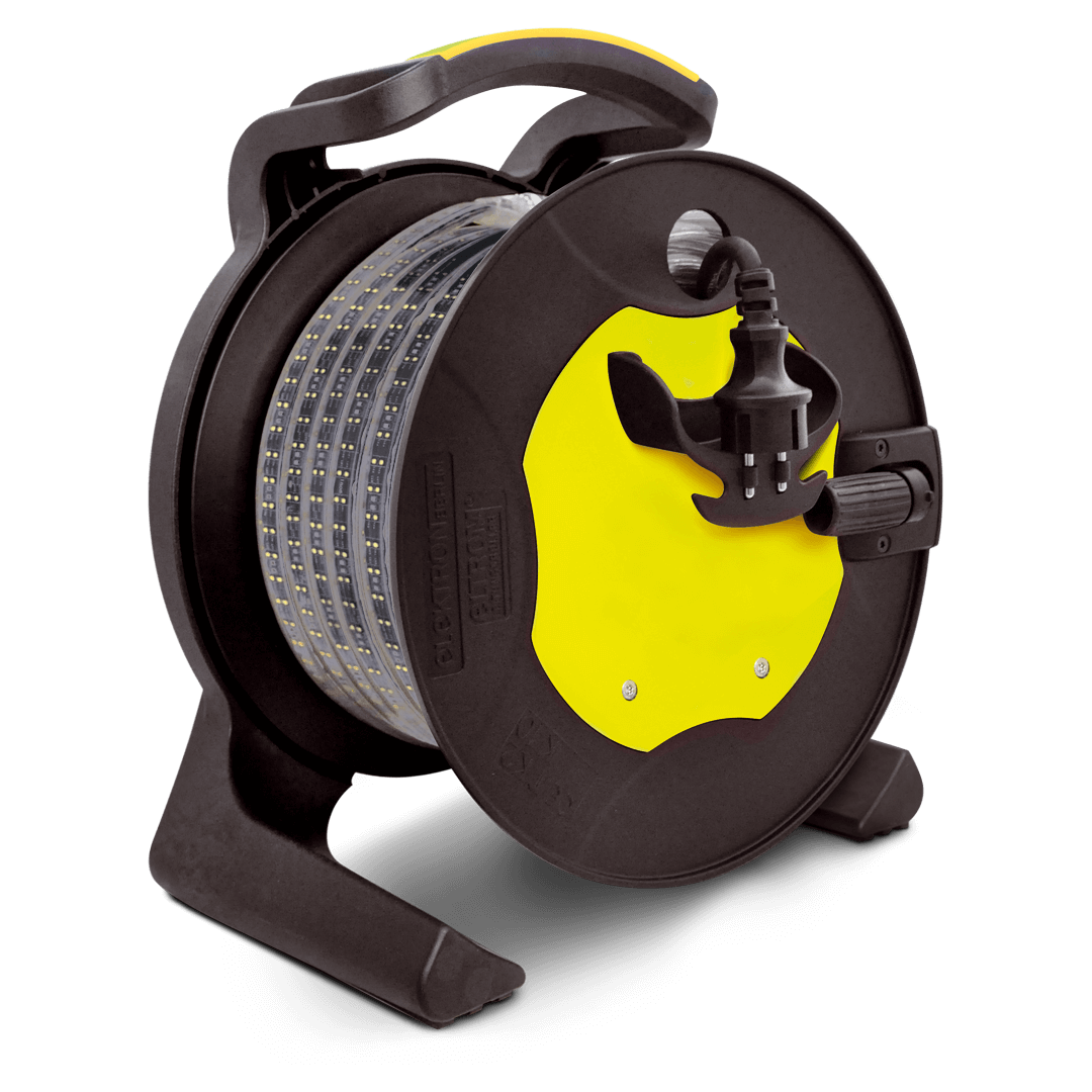 LED-Leuchtband auf ELTROM®2 Kabeltrommel mit gelber Frontplatte – flexibles, robustes Profi-Lichtsystem für Baustellen, Werkstätten und Industrieeinsatz. 